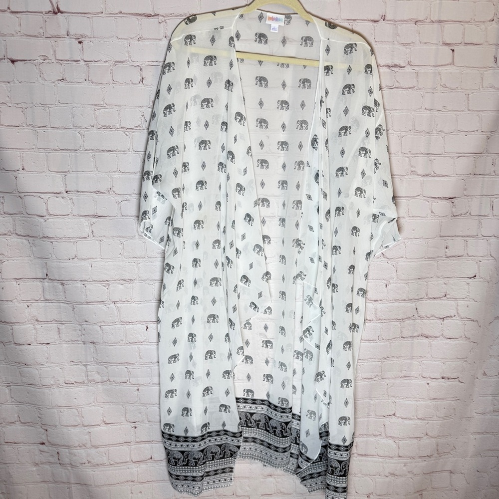 LuLaRoe White and Black Elephant Print Long Sleeve Kimono‎